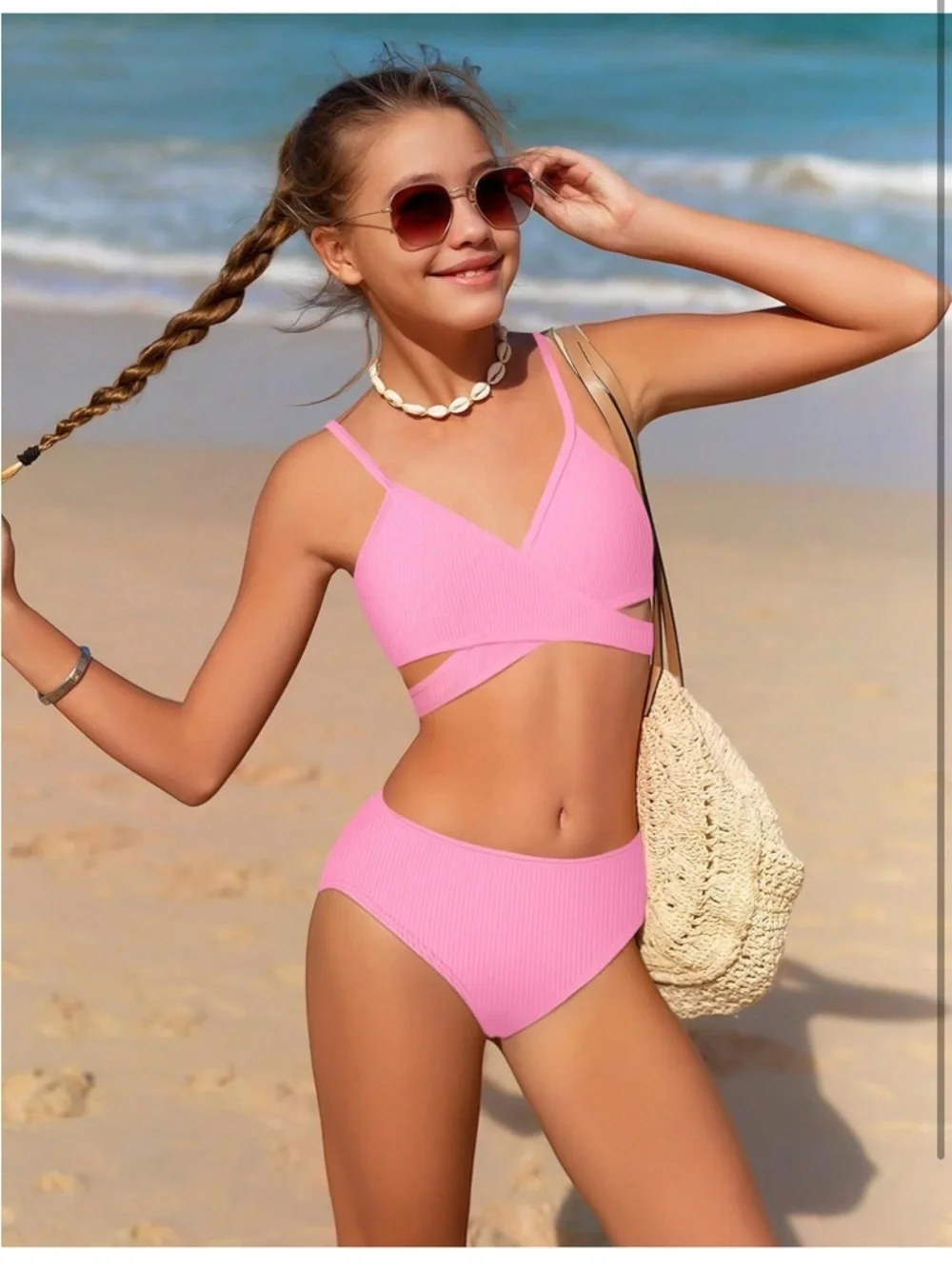 Girls Swimsuits Two Piece Solid Color Teens V-Neck Criss Cross 15-16Y 953/b1-1